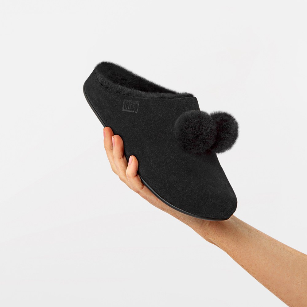 Fitflop Womens Slippers - Chrissie Pom-pom Shearling - Black - 981-RSOBTL